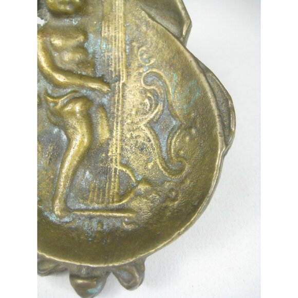 Vintage Brass Cherub Playing Cello Decorative Tray Tabletop Angel Playing Violin - Picture 4 of 12